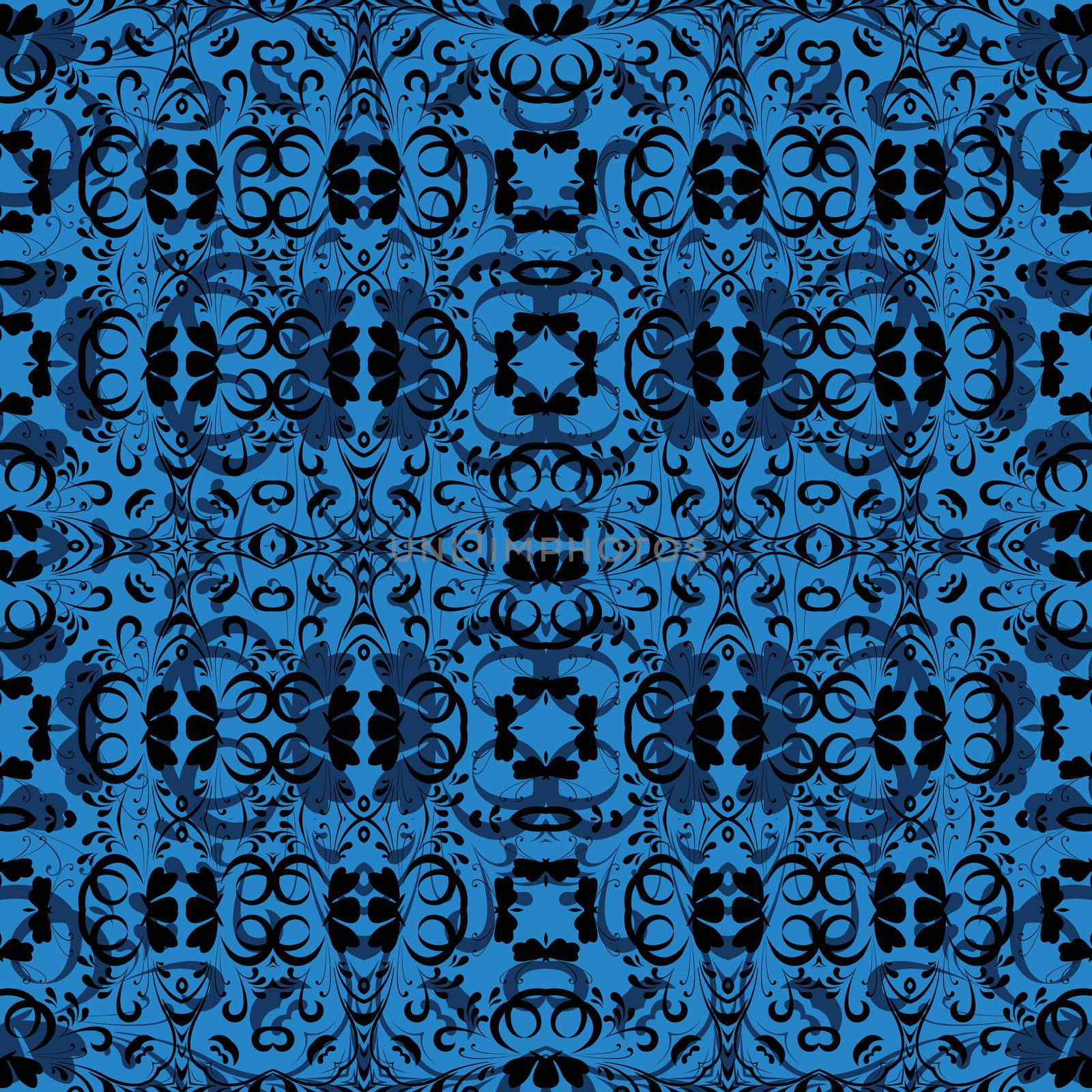 Seamless abstract pattern, black contours on blue background.