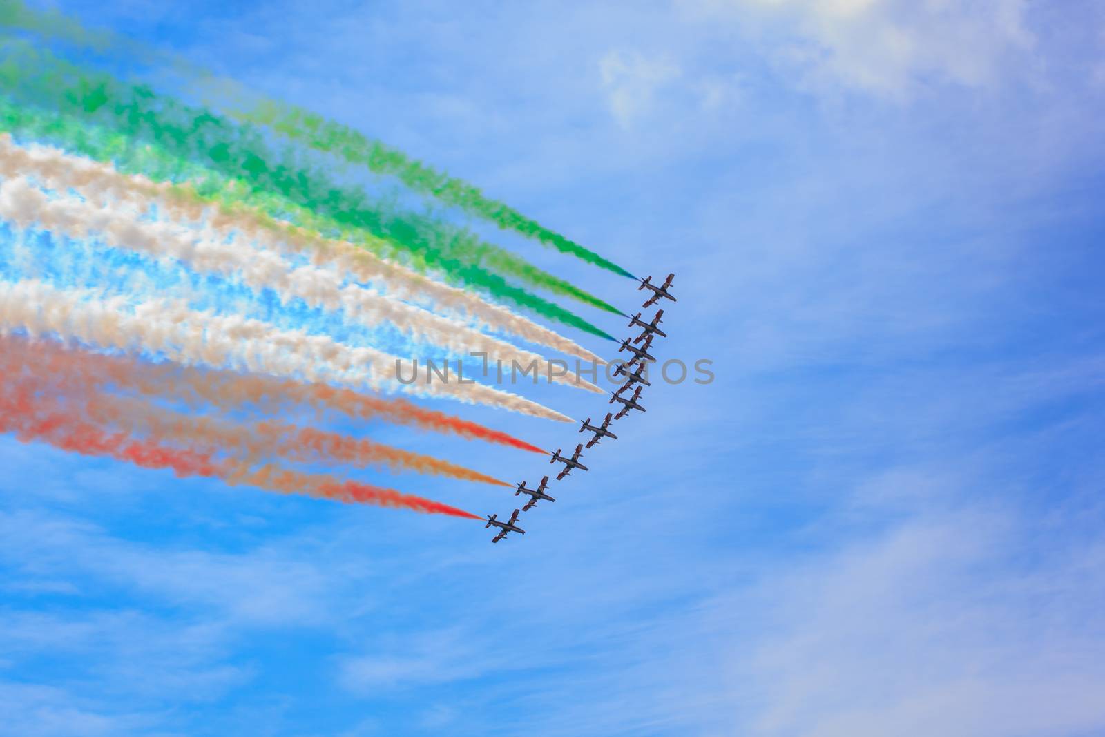 TRIESTE, ITALY - JUNE, 01: View of Italian military airplane called frecce tricolore "tricolor arrows" in acrobatics on June 01, 2014