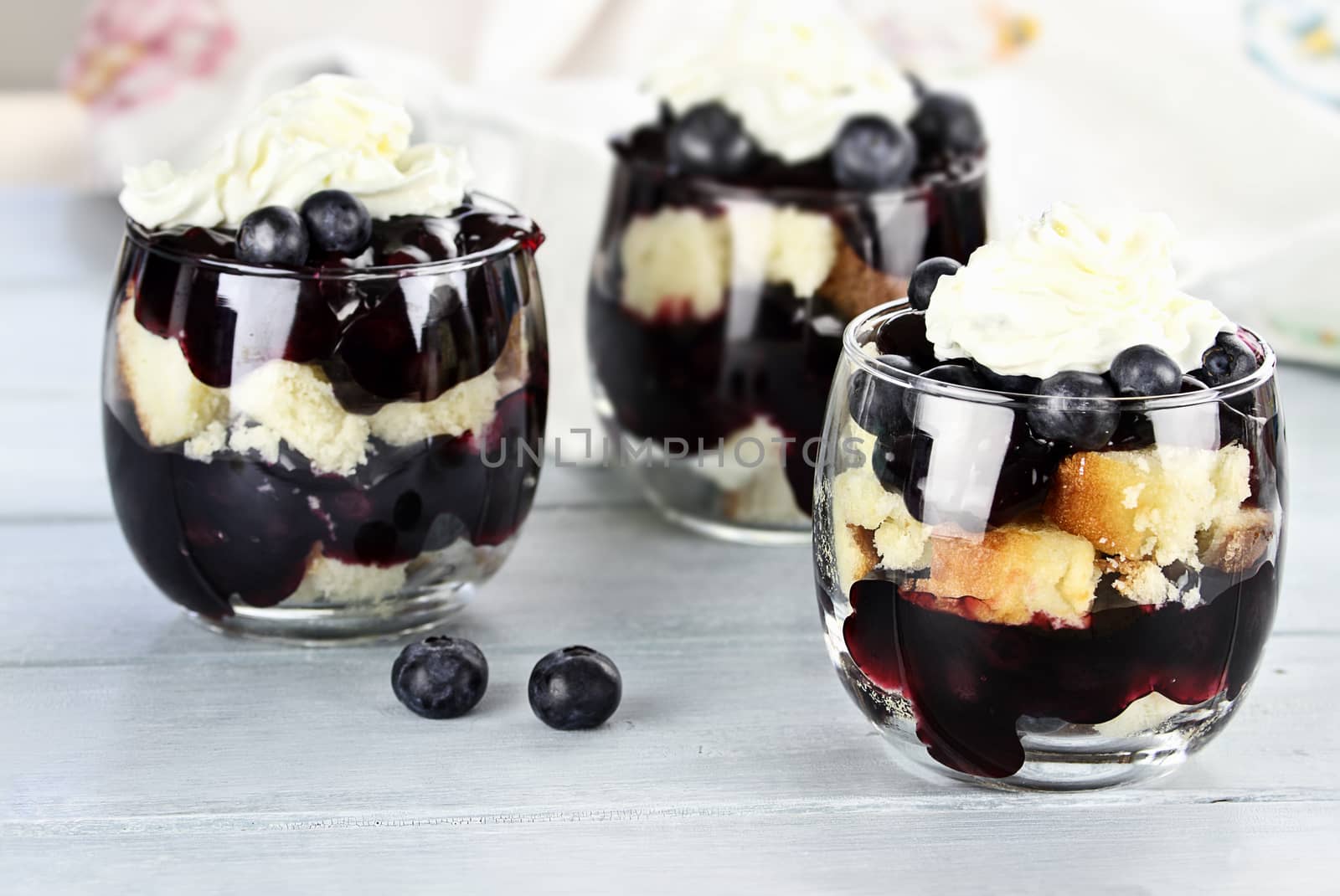 Trifle with whipped cream, sauce, short cake and ripe blueberries with extreme shallow depth of field.