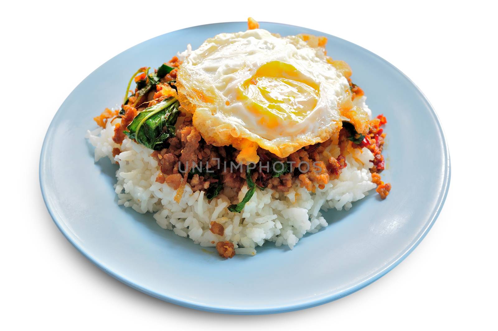 stir fried minced pork and chili ,basil served with steamed rice by thampapon