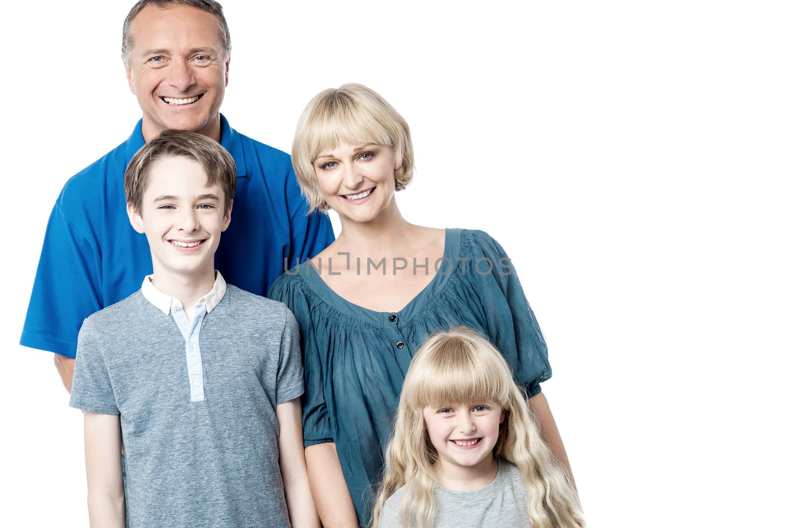 Happy family of four standing on white background