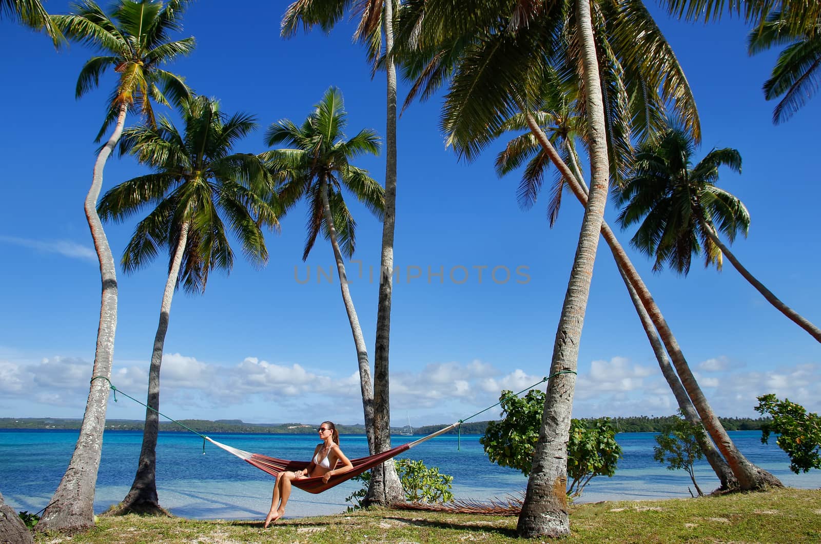 Young woman in bikini sitting in a hammock between palm trees, O by donya_nedomam