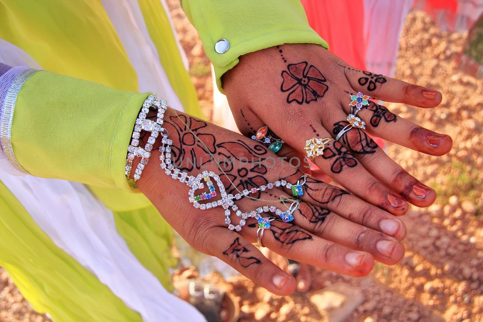 Local girl showing henna painting, Khichan village, Rajasthan, India