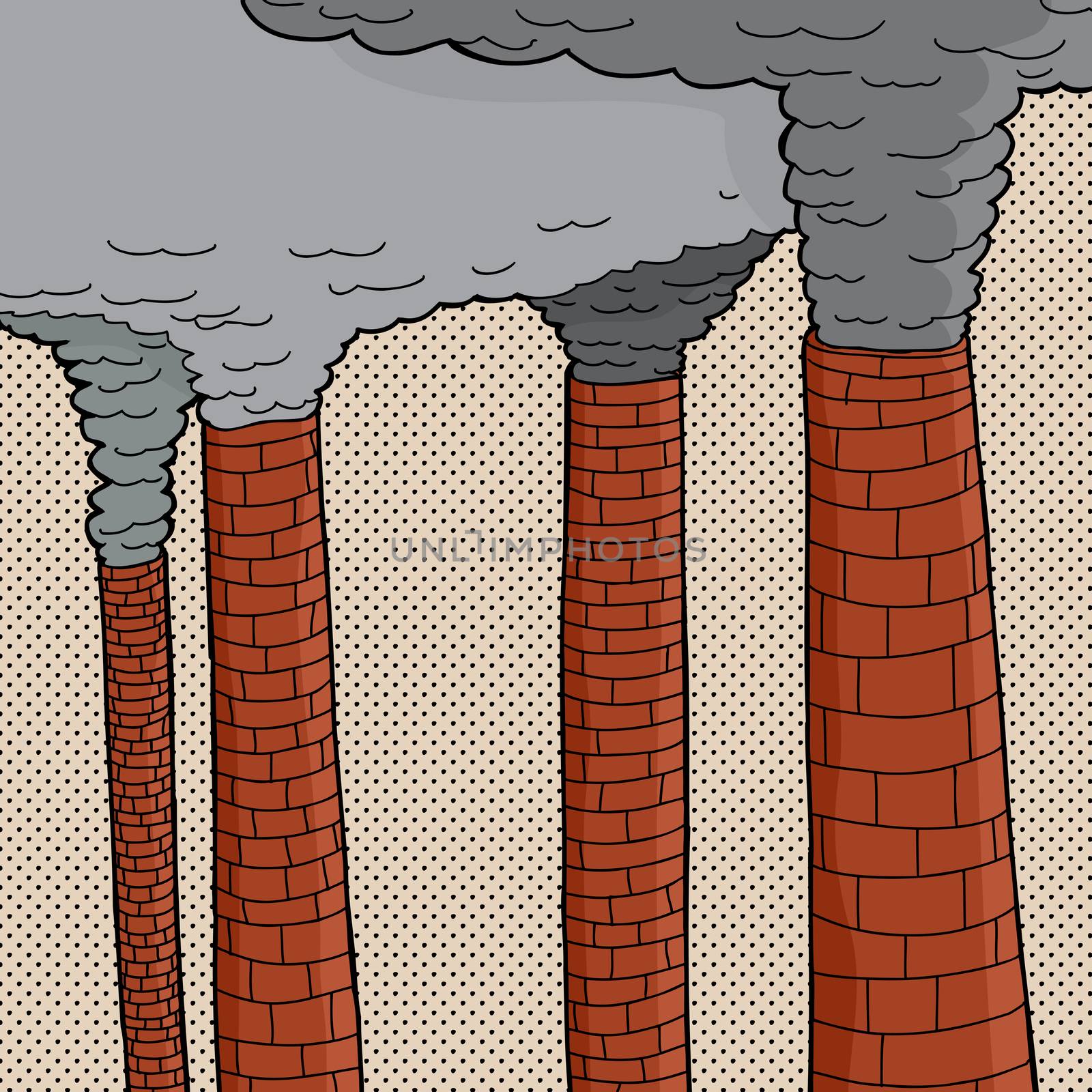 Four old brick cartoon factory smokestacks polluting