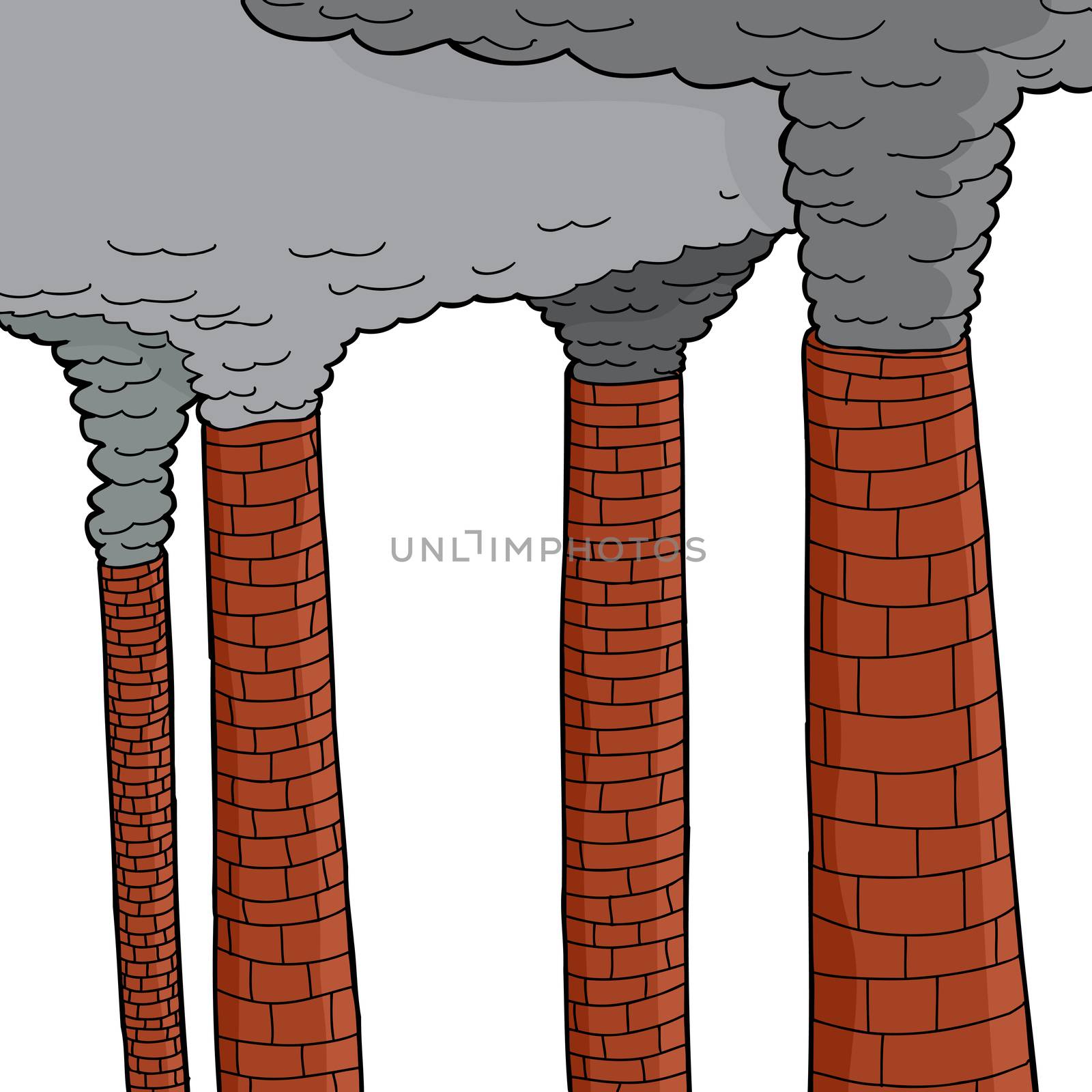 Set of isolated chimneys spewing gray smoke