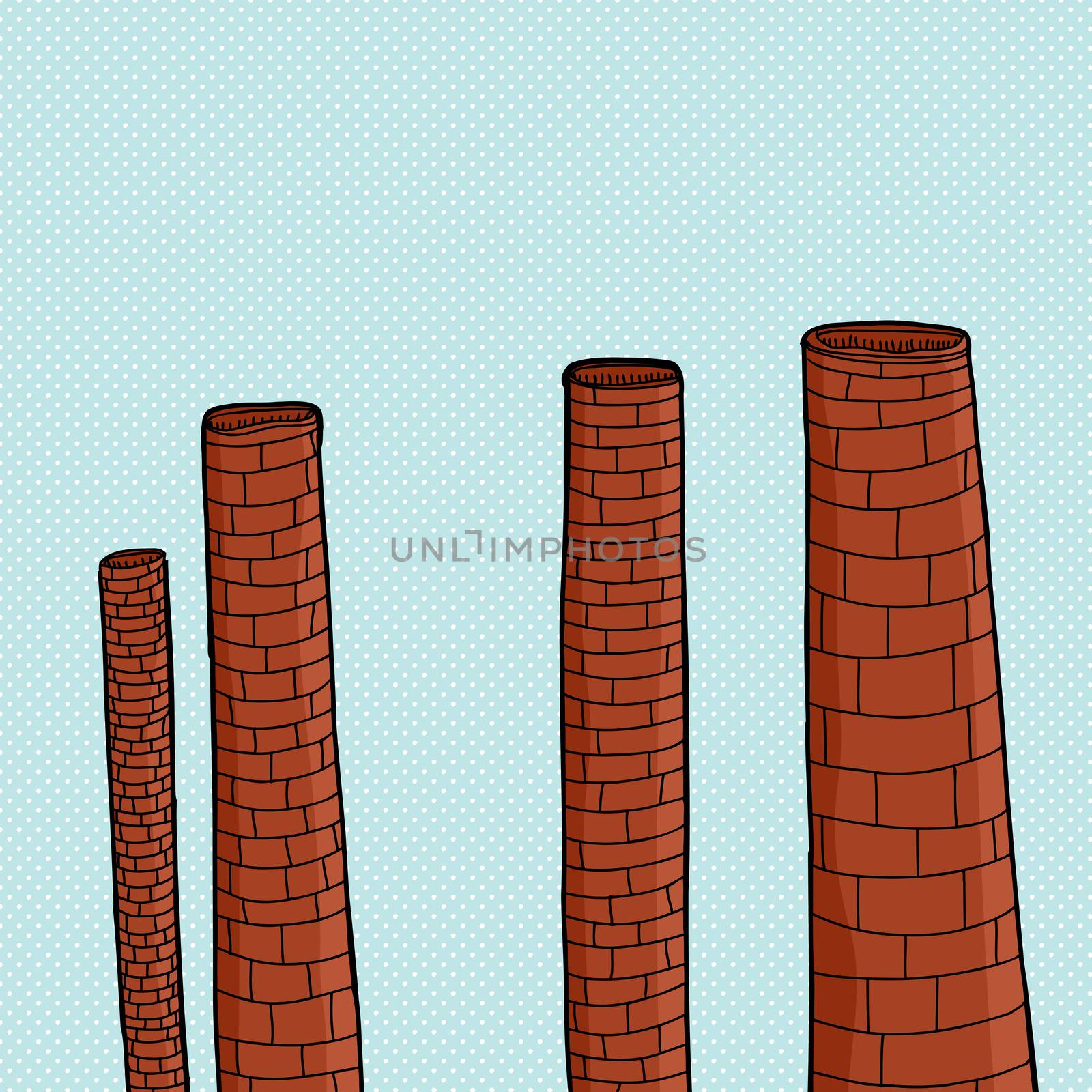 Dormant cartoon smokestacks over blue halftone background