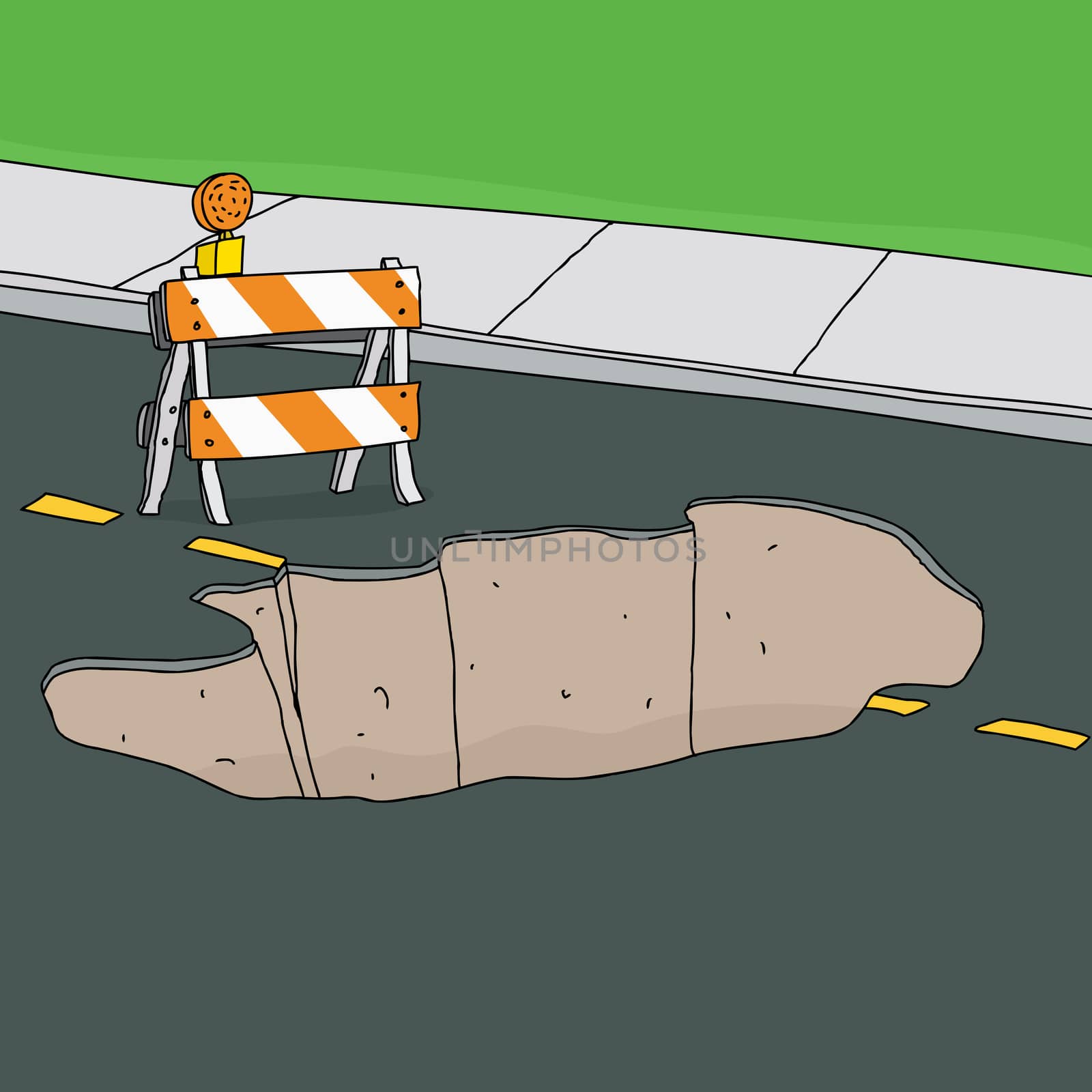 Reflective traffic barricade in front of large sinkhole