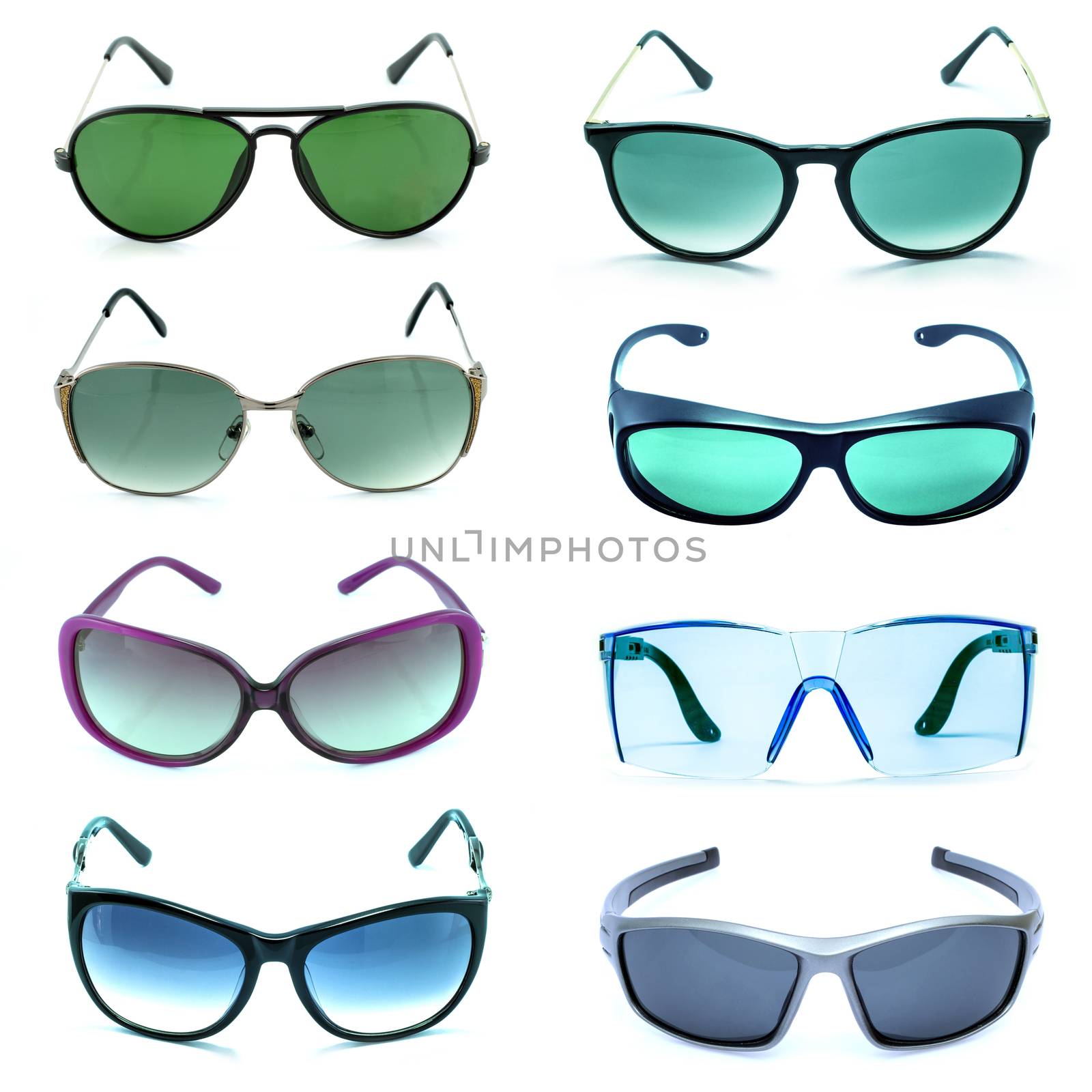 Group of beautiful sunglasses isolated on white background