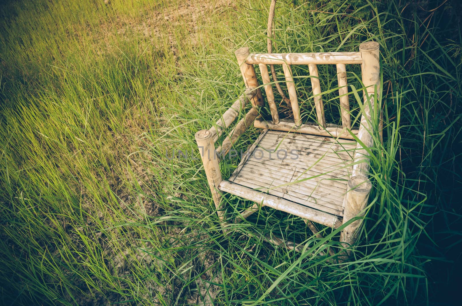 Bamboo wooden chairs on grass field in countryside Thailand vintage