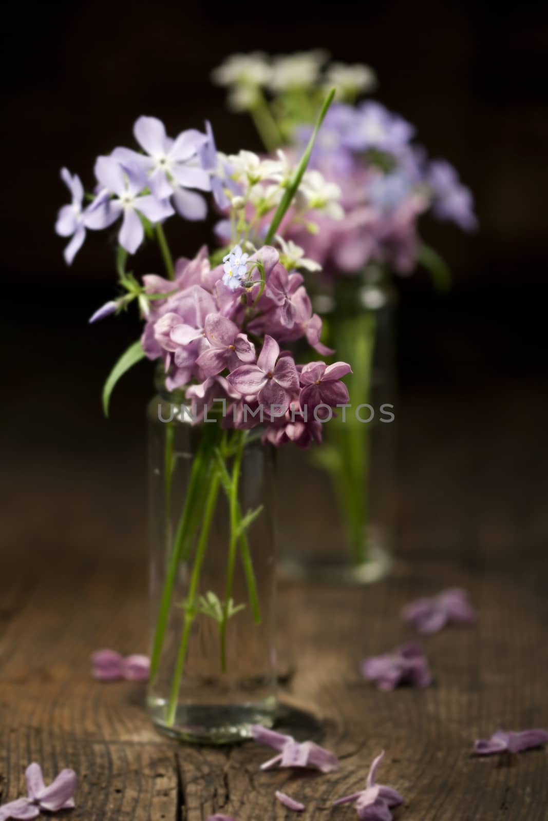 Beautiful spring flowers in a vase on wooden background