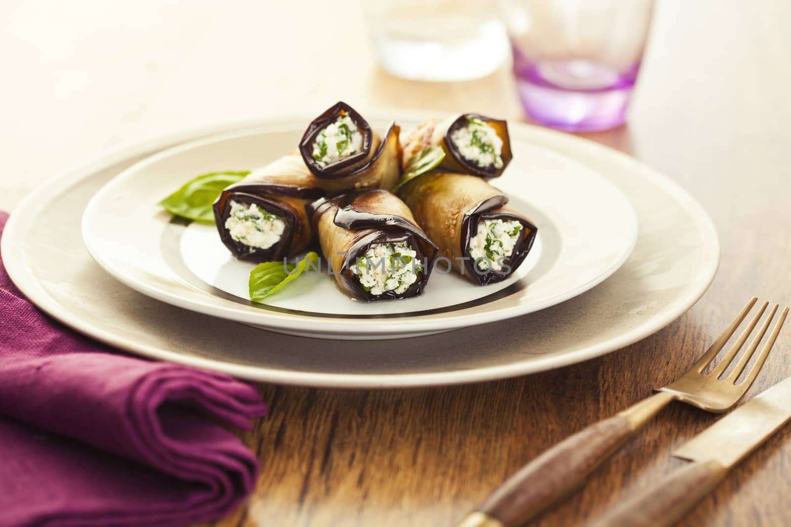 Healthy eggplant rolls stuffed with cheese