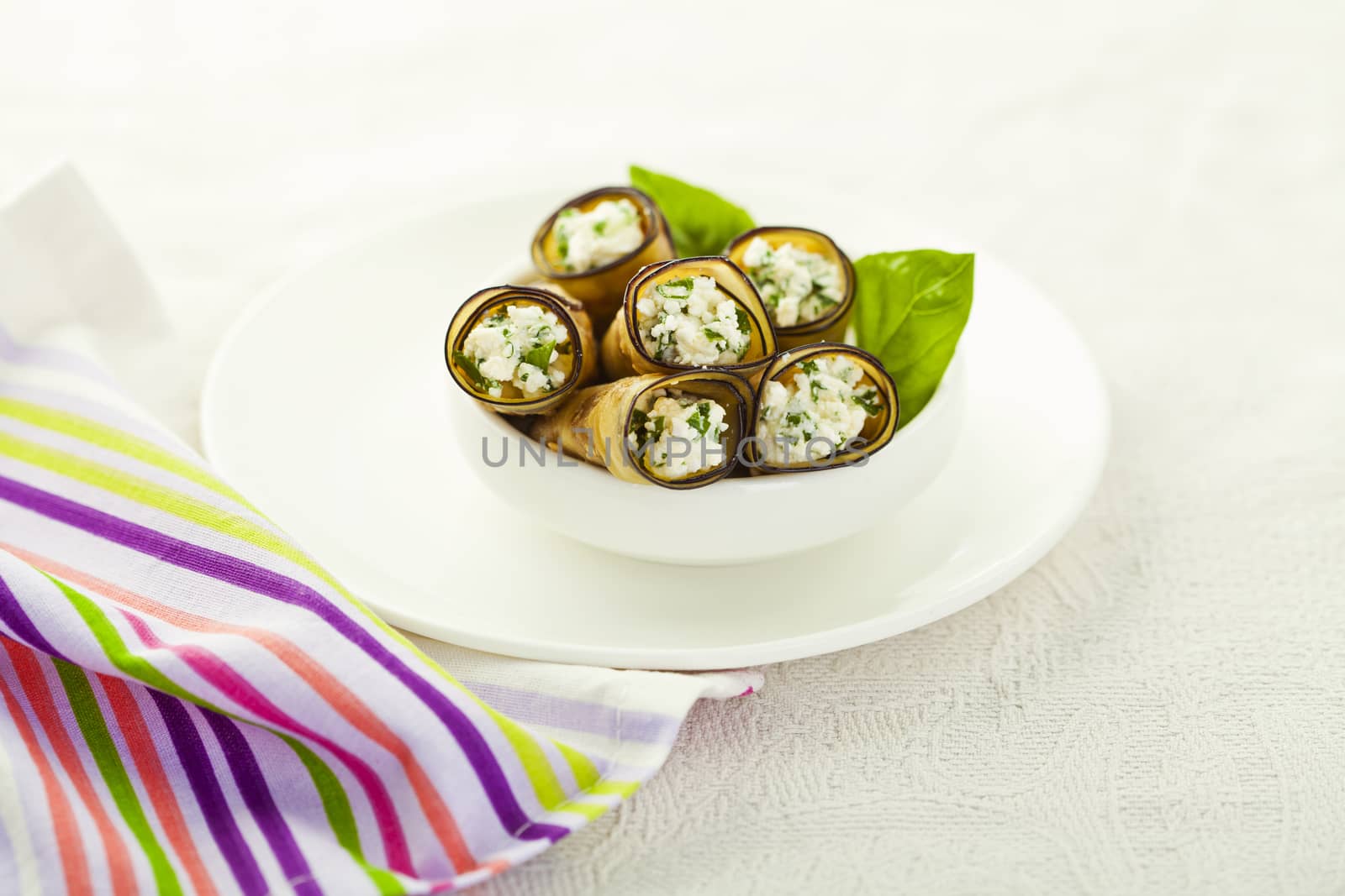 Healthy eggplant rolls stuffed with cheese