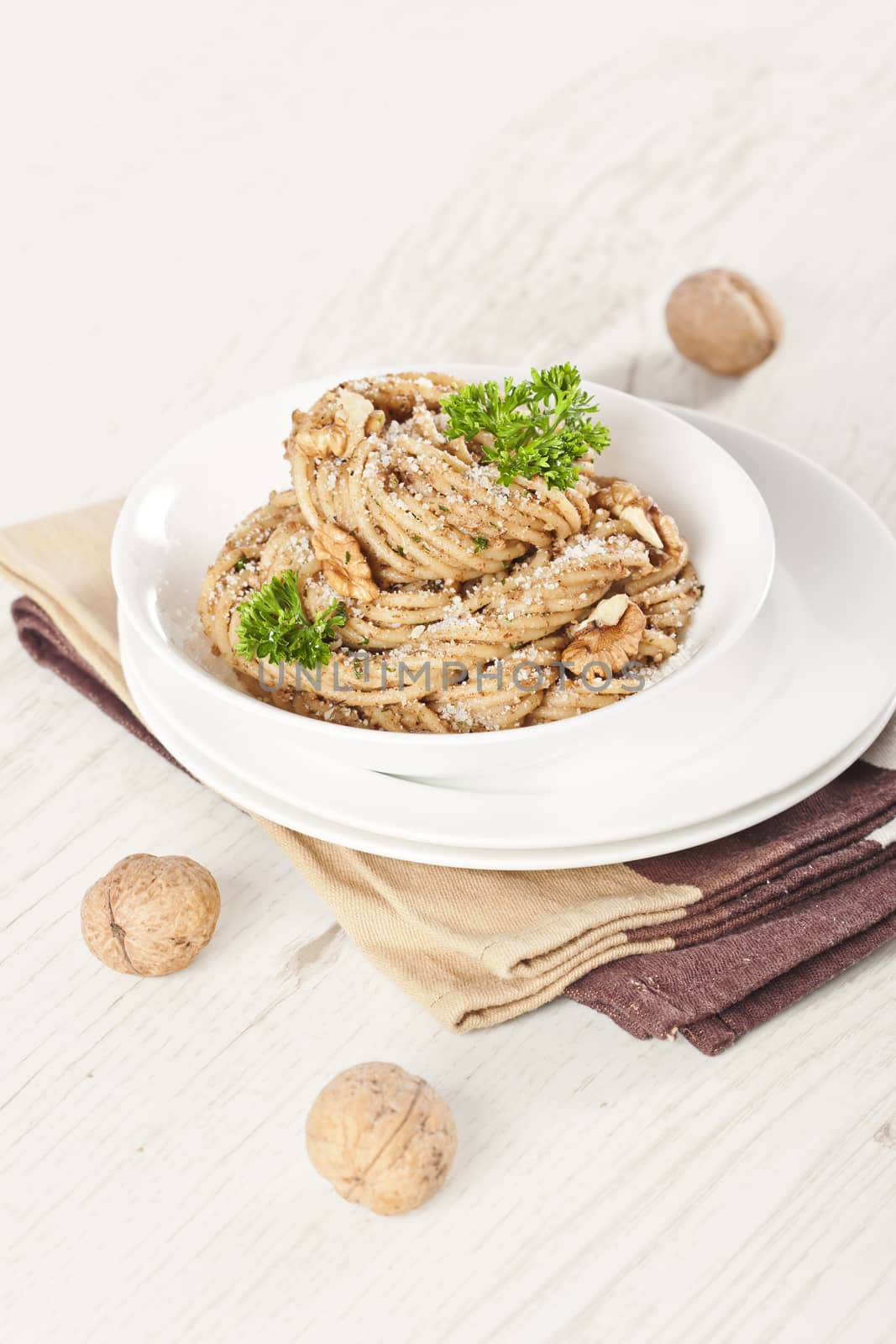 Bowl of pasta with walnut pesto