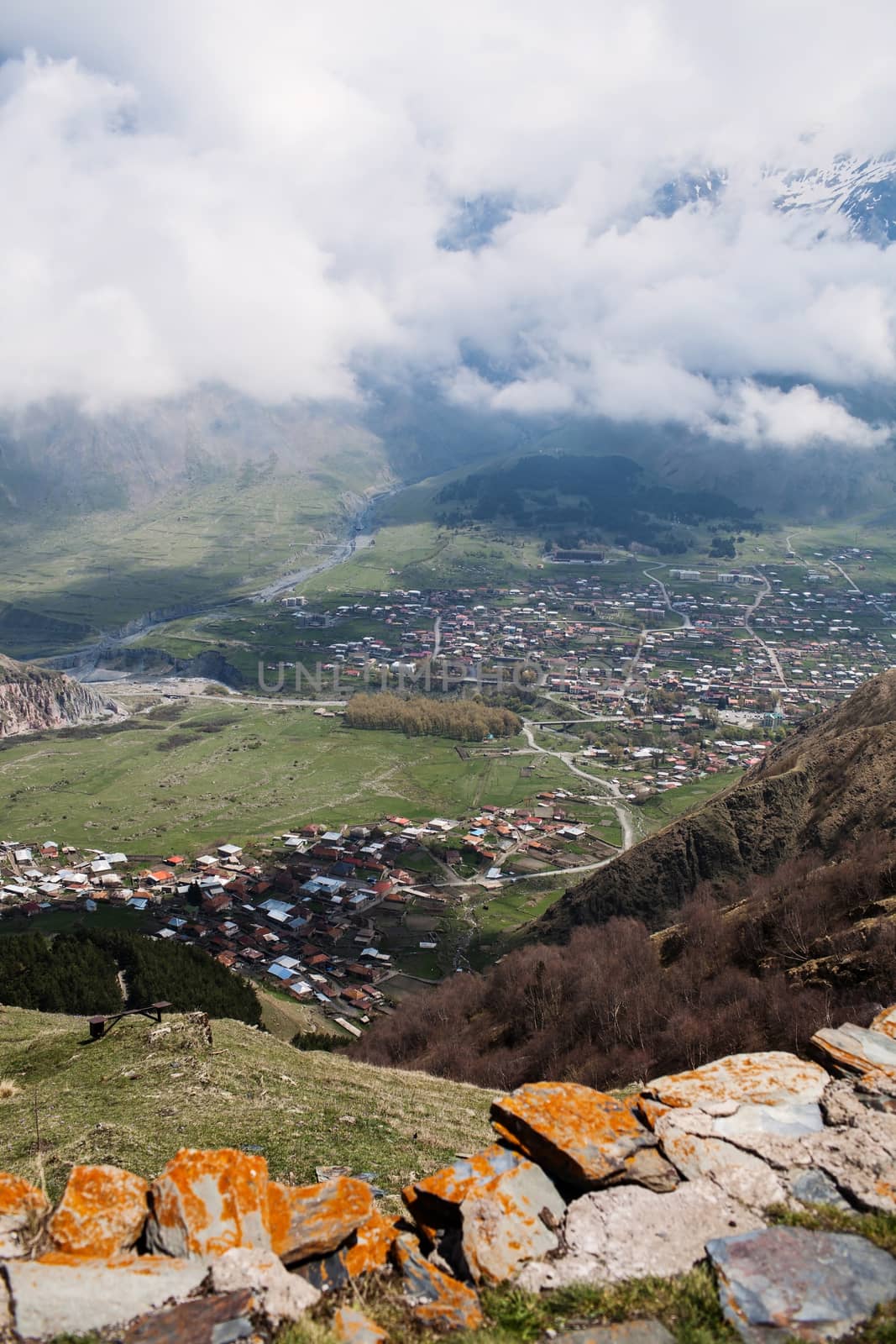 Aerial view on Kazbegi/Stepantsminda village in Georgia 