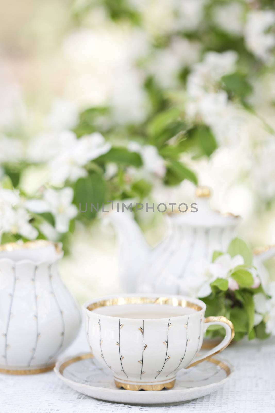 Romantic tea in the blossoming garden