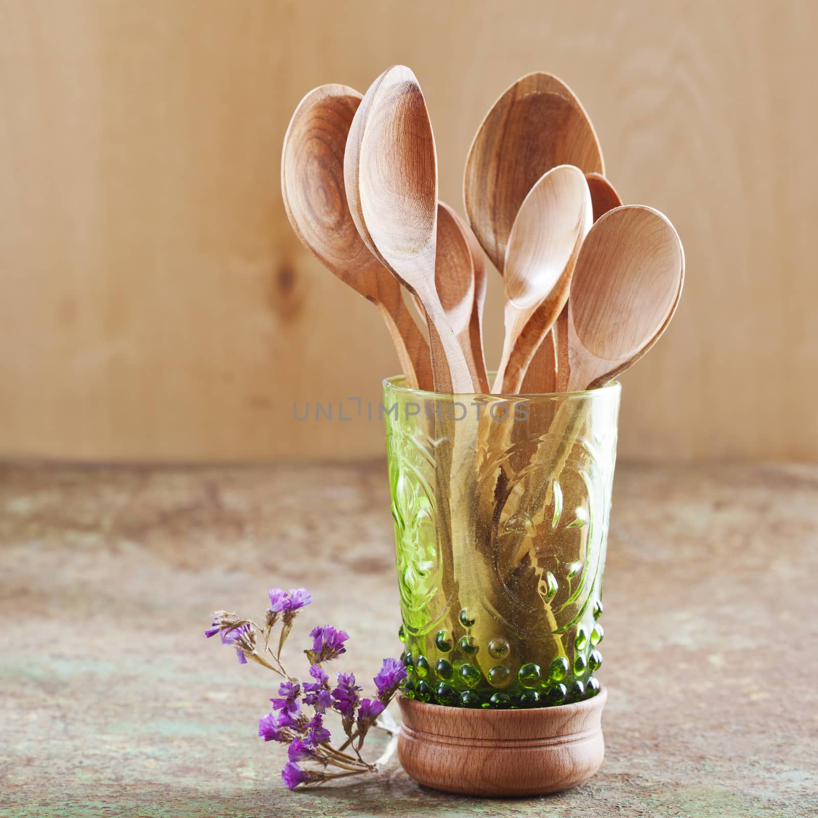 Still life of wooden cooking utensils