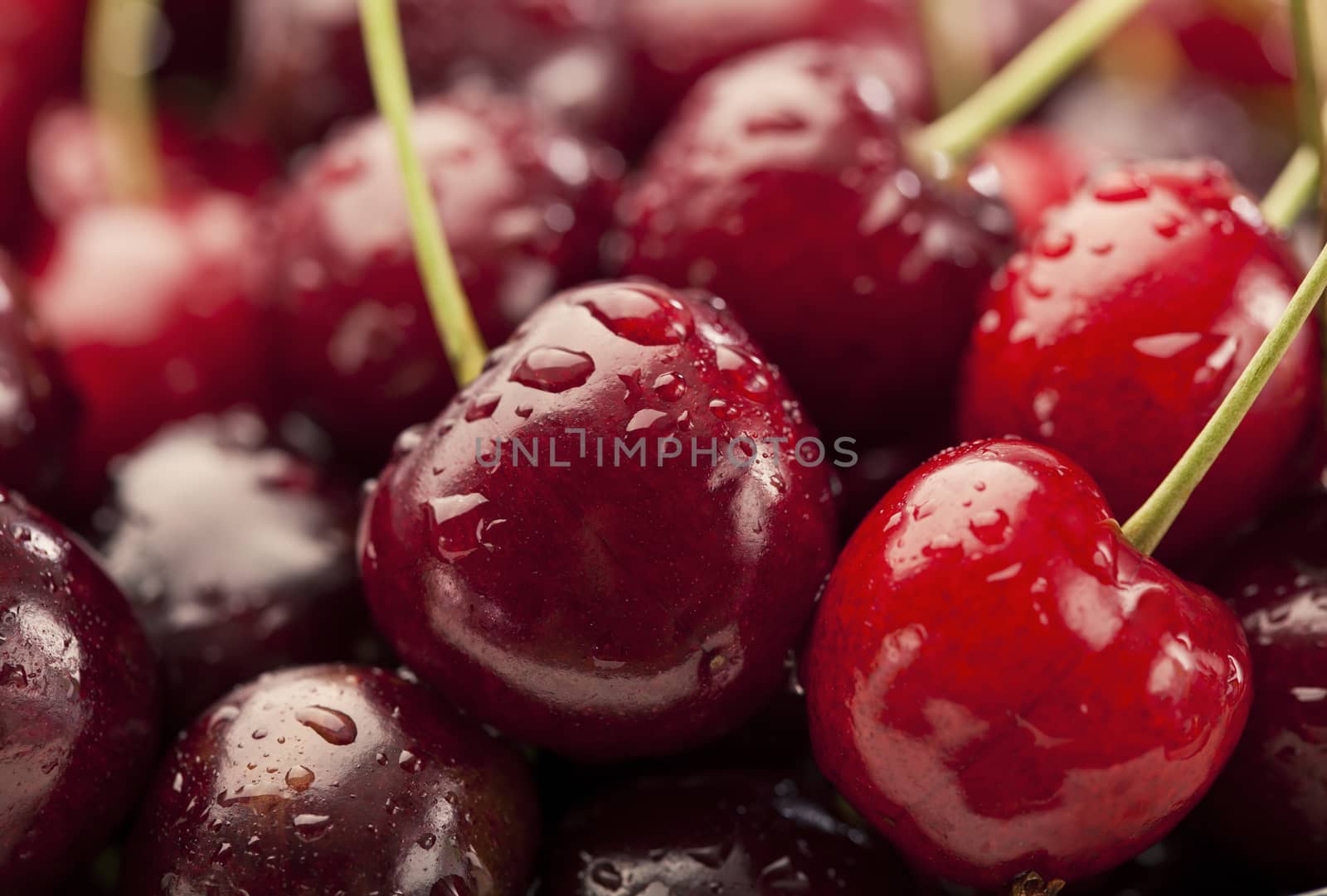Macro sweet cherries with water drops background