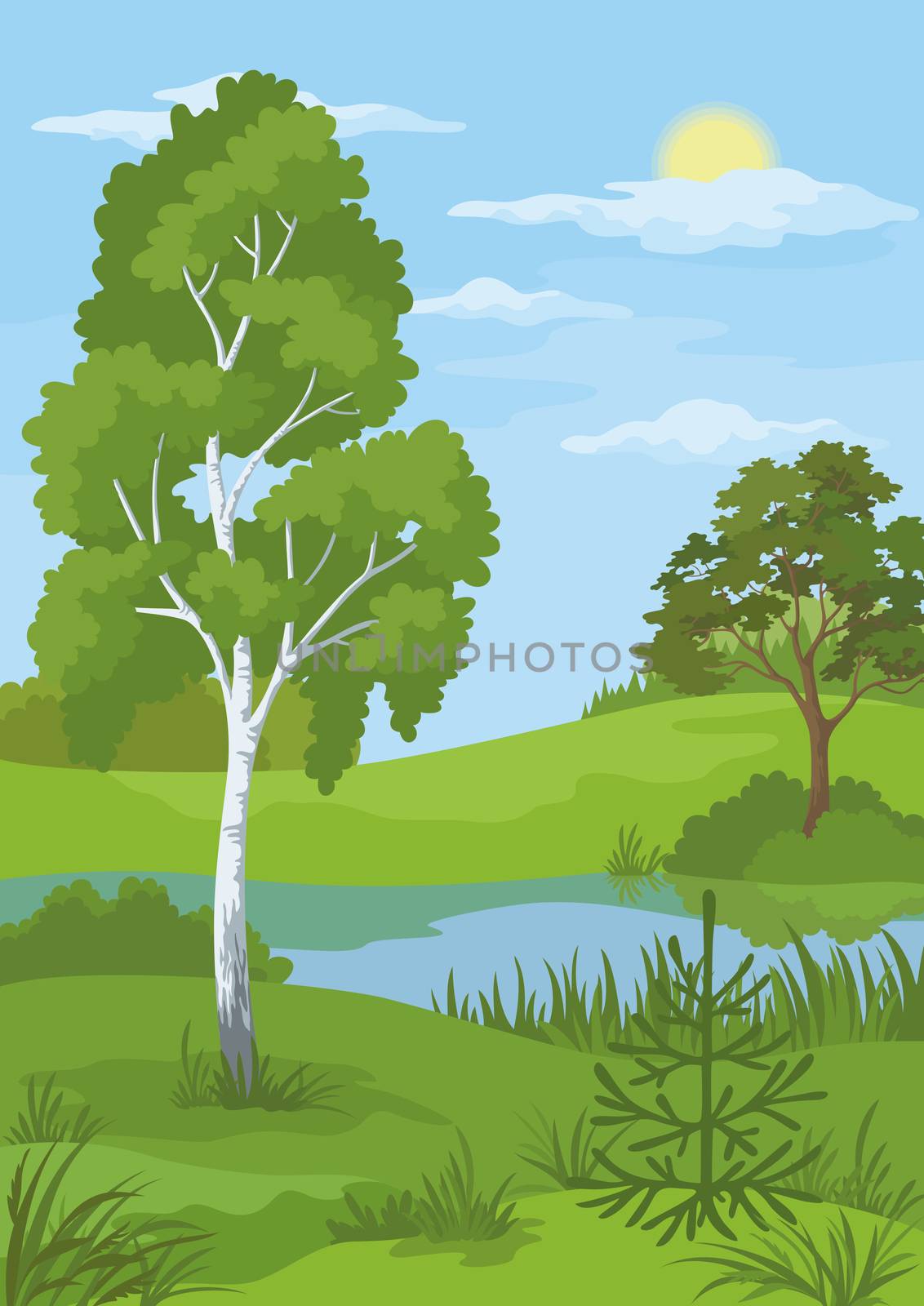 Summer landscape with trees and river by alexcoolok