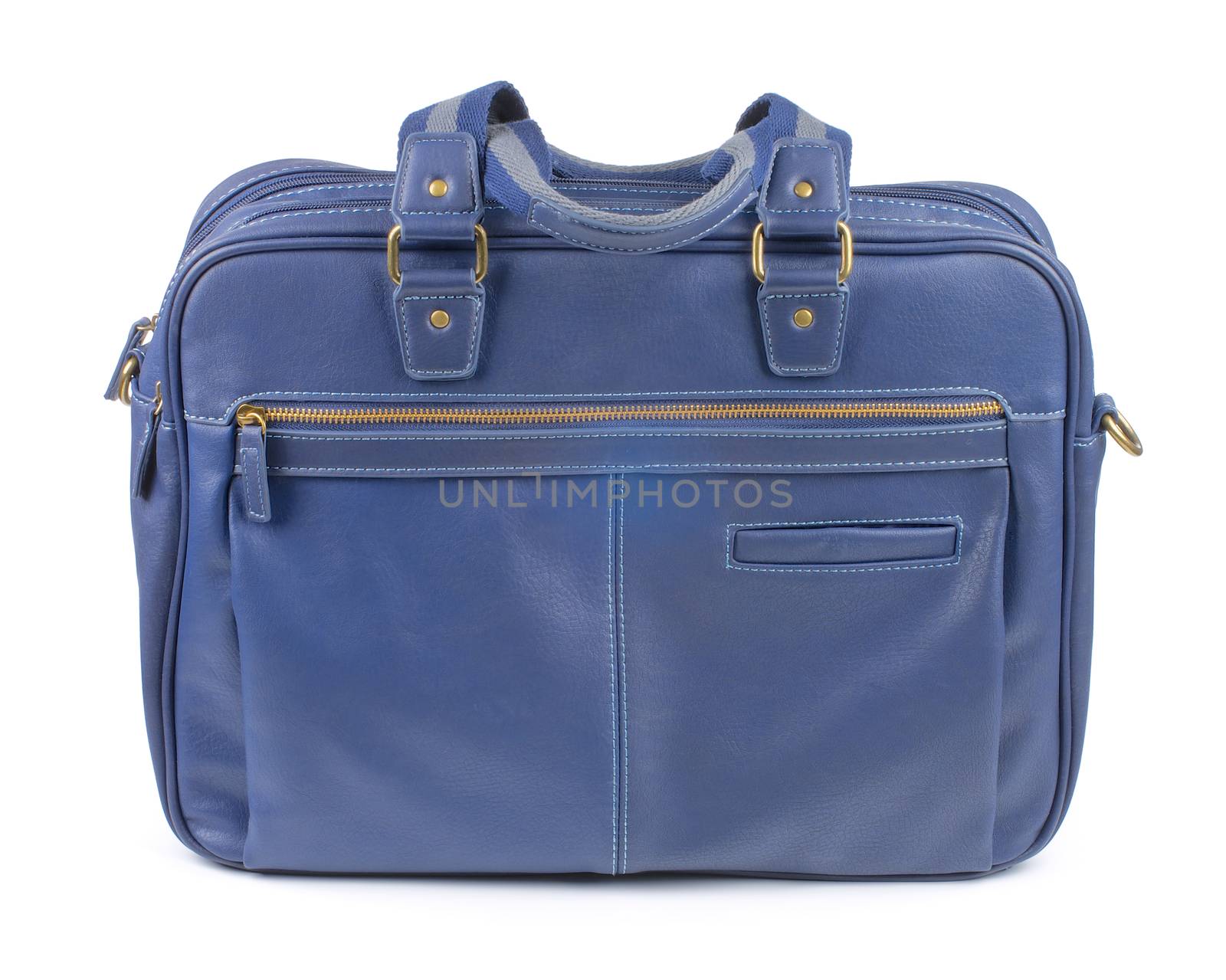 Blue Leather Sporty Bag with Gold Details and Striped Handles isolated on white background