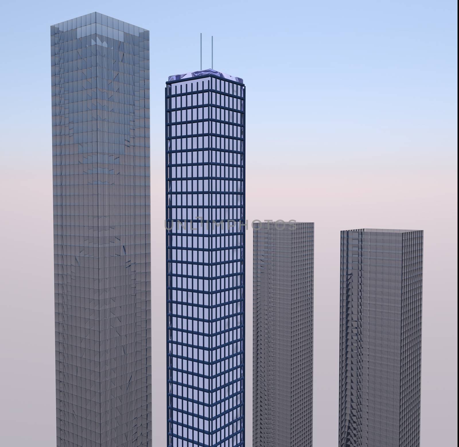 Some skyscrapers over blue sky, 3d render