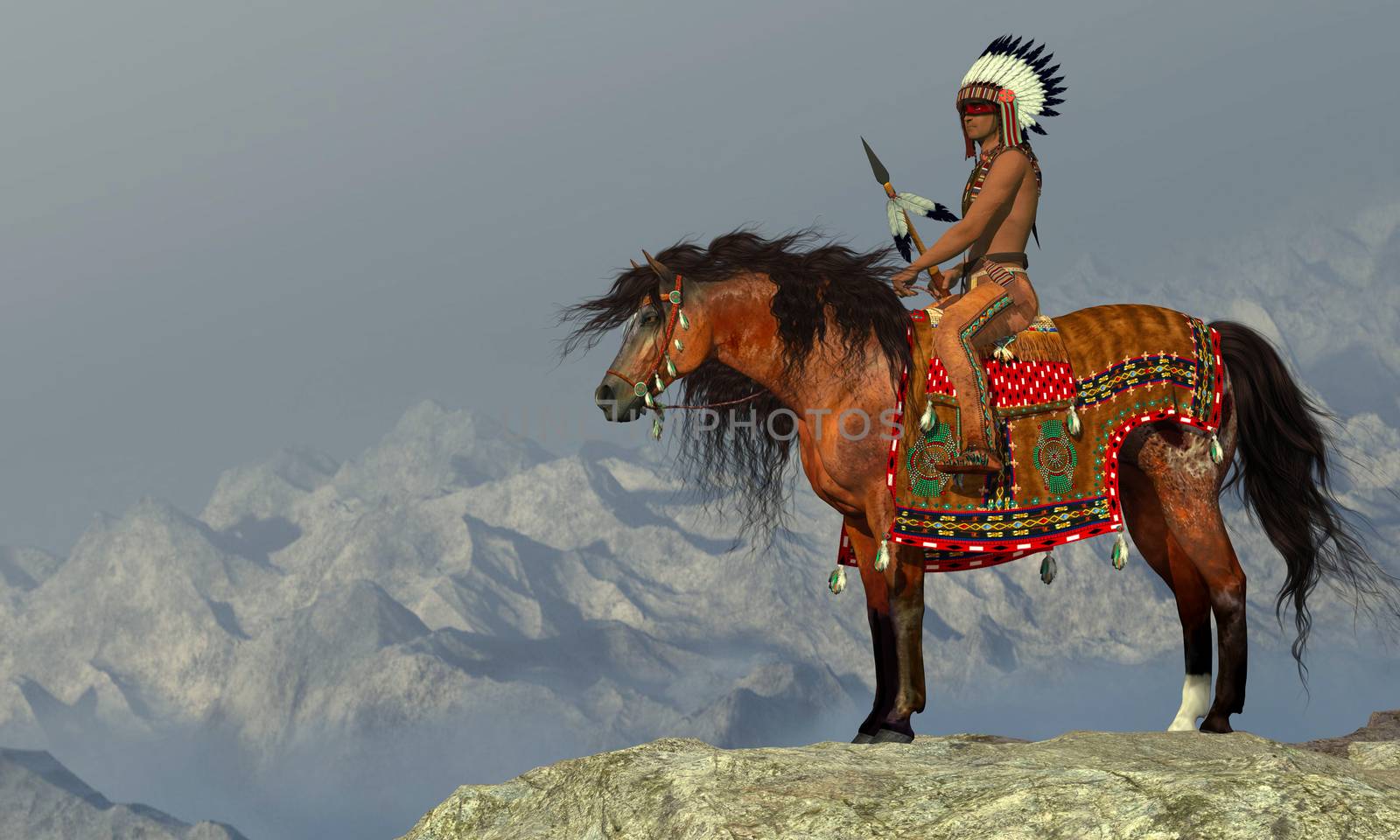 An American Indian sits on his Appaloosa horse on a high cliff in a desert area.