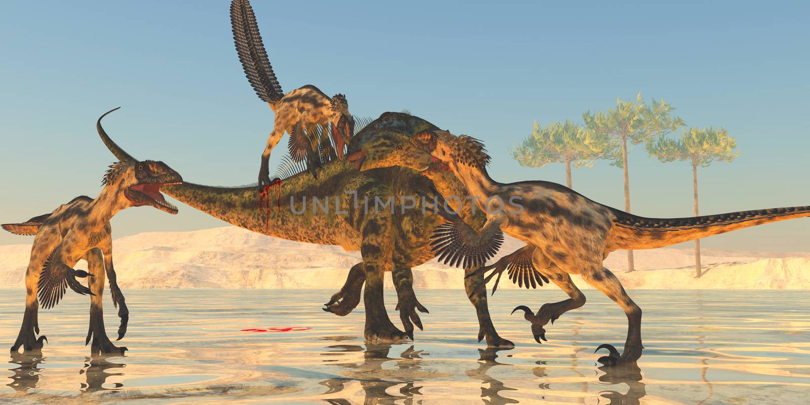 A pack of Deinonychus dinosaurs attack a Tenontosaurus during the Cretaceous Period of North America.