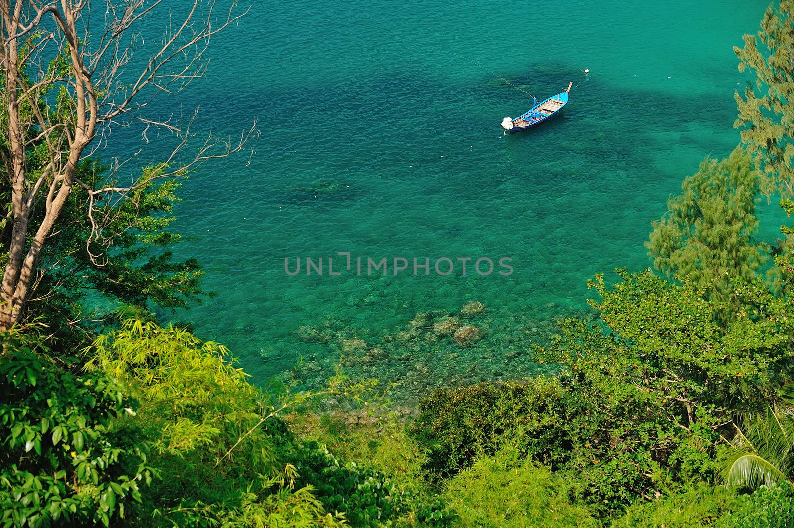 A traditional longtail boat floats in perfect crystal clear emerald blue water. Phuket, thailand