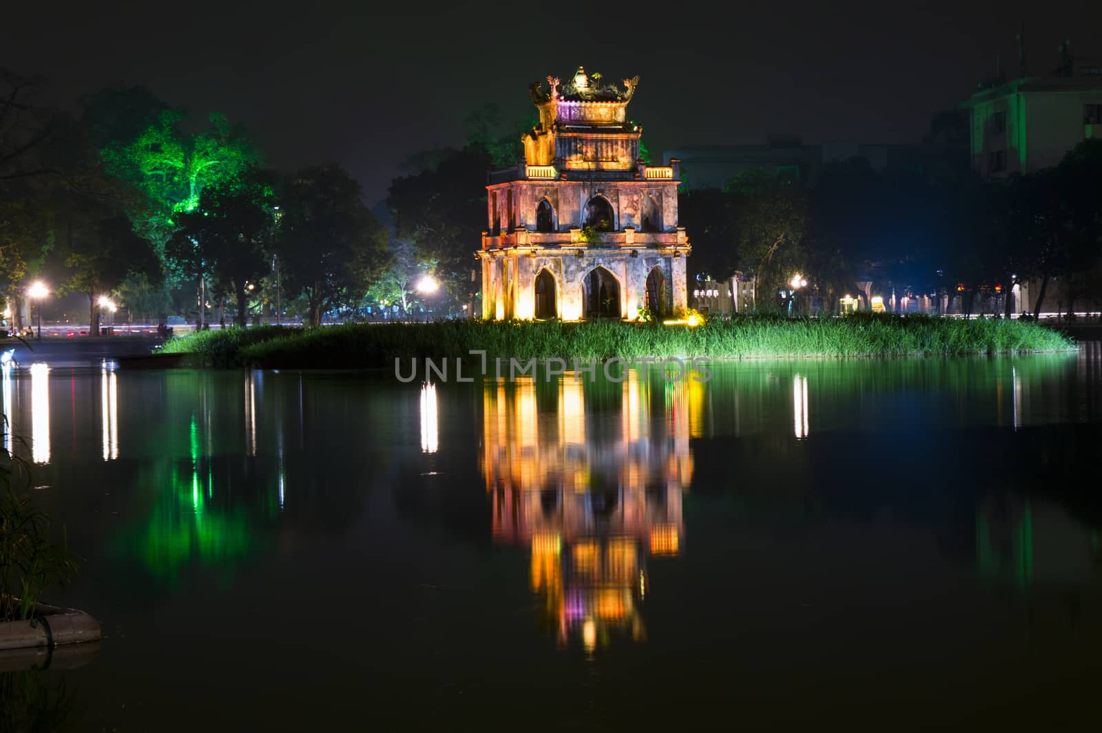 Turtle Tower at Night, Hoan Kiem Lake. Hanoi  Vietnam. 