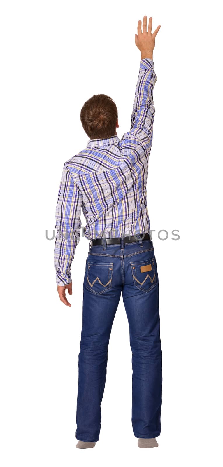 Portrait of a young man raised his hand up. Back view. White background