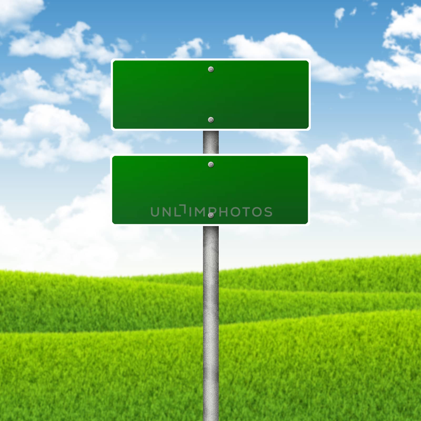 Crossroads road sign. Green grass and blue sky as backdrop