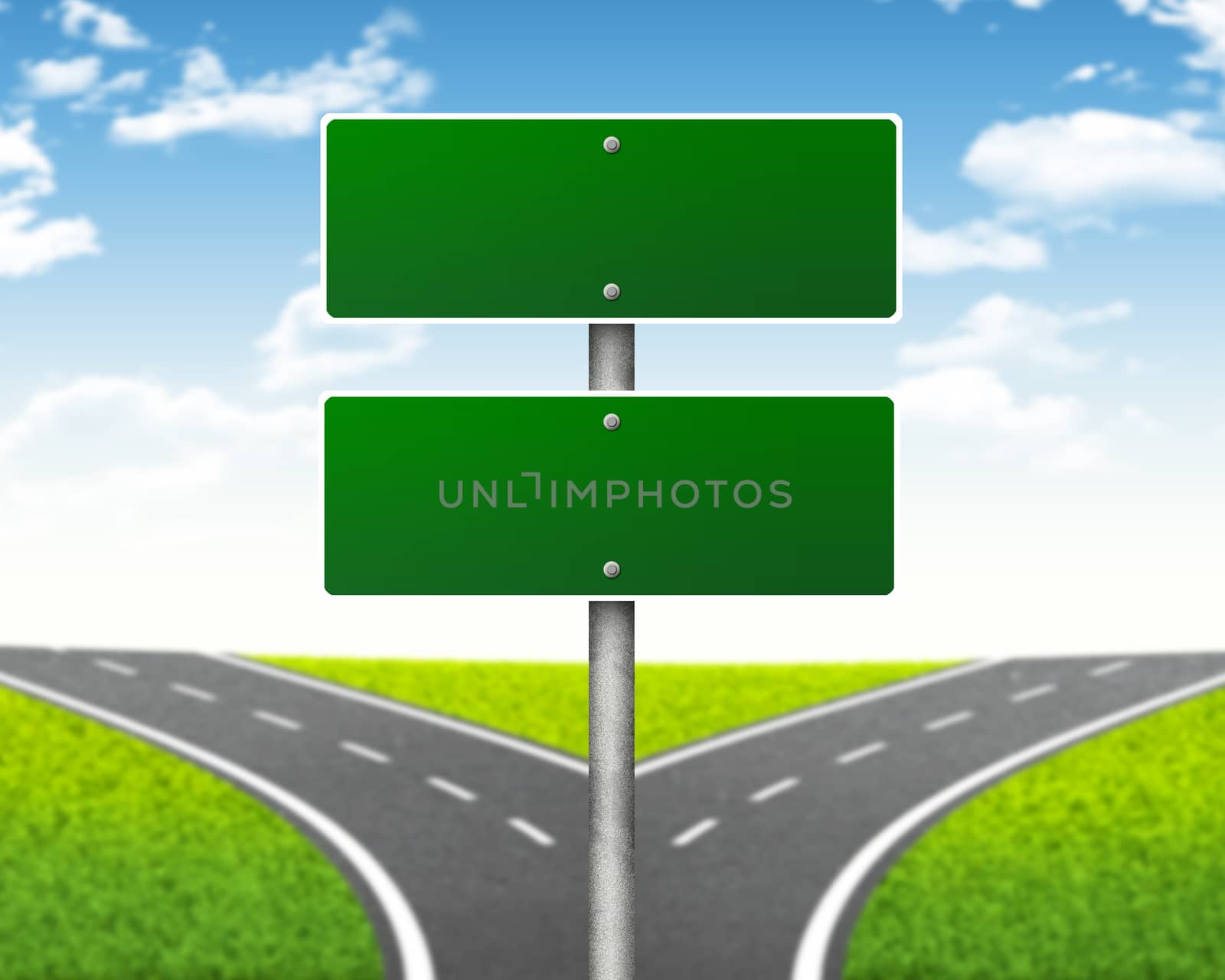 Crossroads road sign. Green grass, fork in the way and sky as backdrop