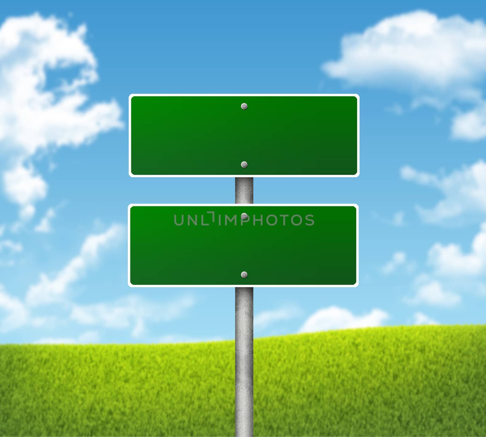 Crossroads road sign. Green grass and blue sky as backdrop