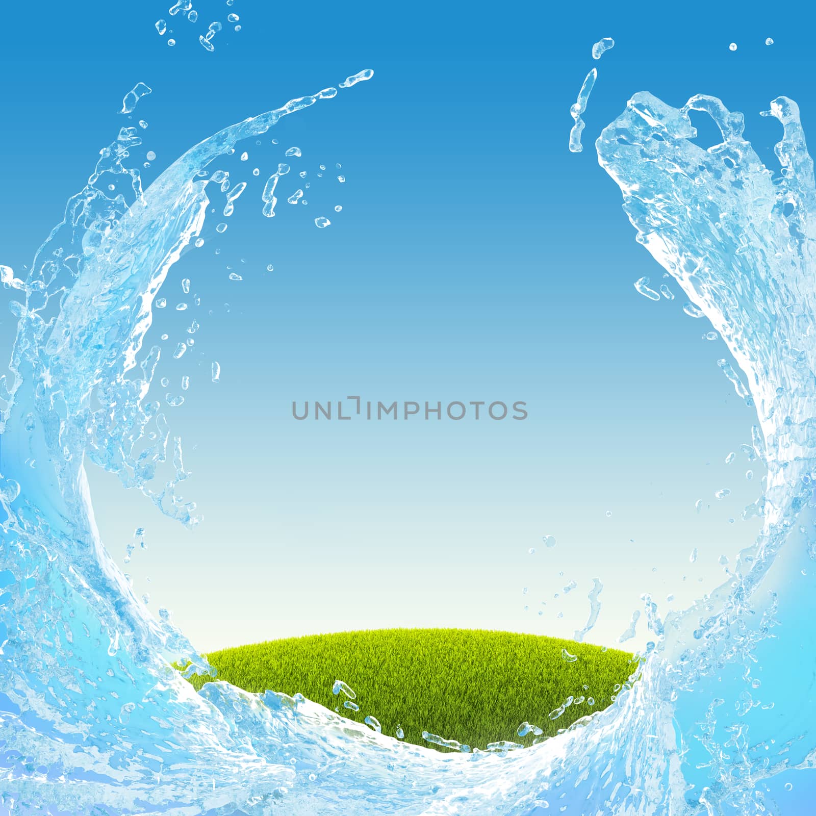 Green meadow and water splash on blue sky background