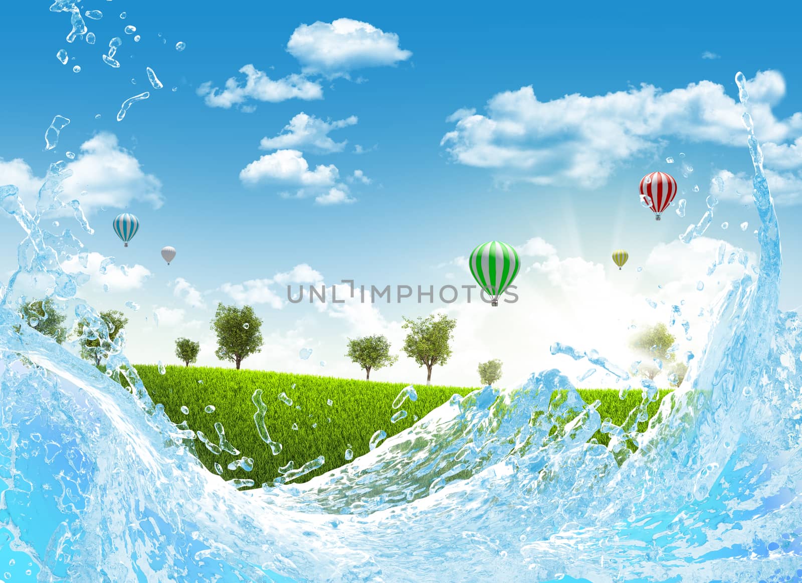 Trees on green meadow and water splash. Hot Air Balloon in the sky