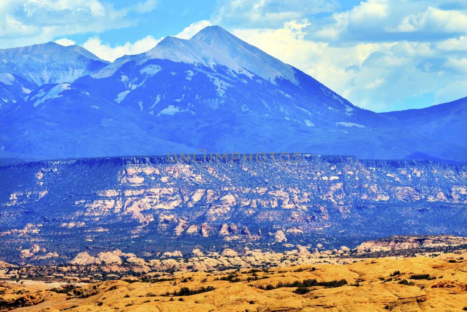 La Salle Mountains Yellow Rock Canyon Arches National Park Moab Utah USA Southwest. 