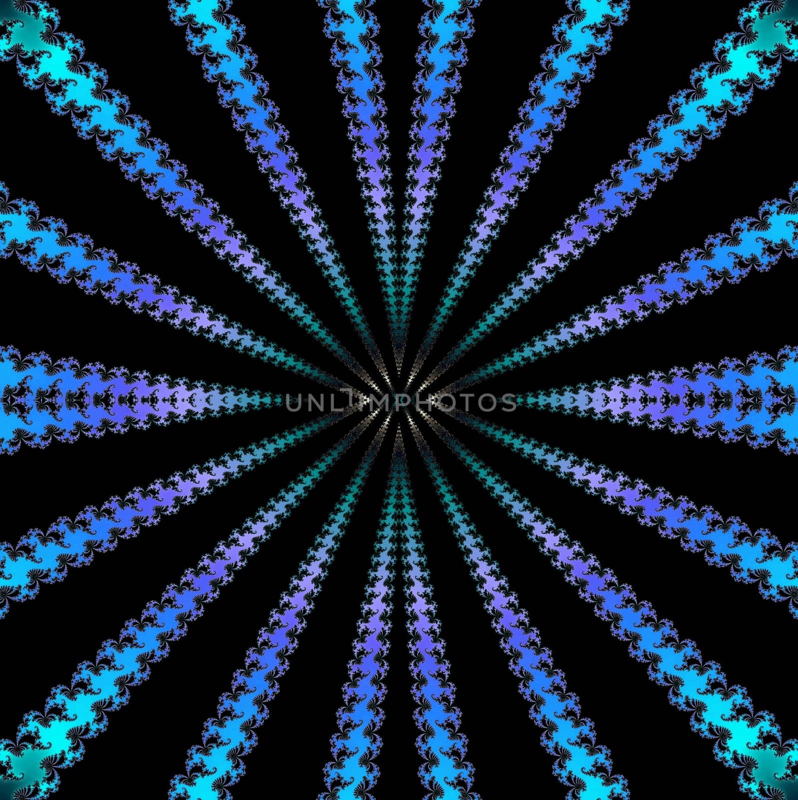 Digital computer graphic - rendering. Patterned fractal background with blue stripes for design.
