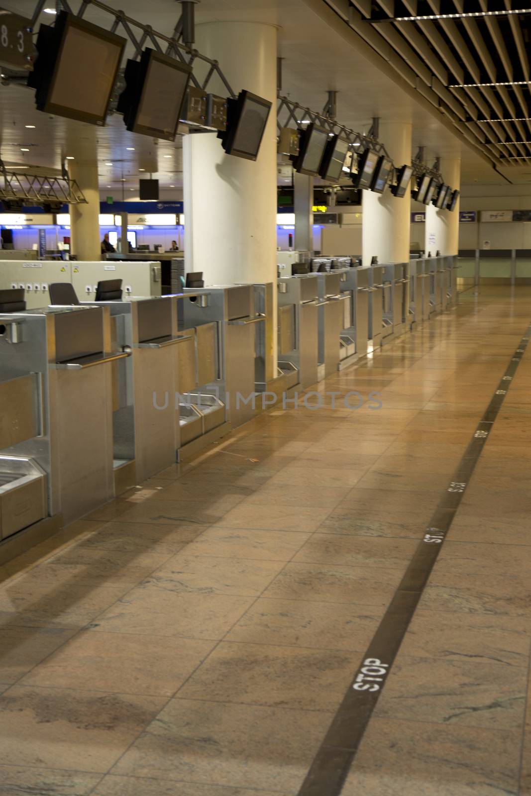 Empty departure gates in airport terminal 