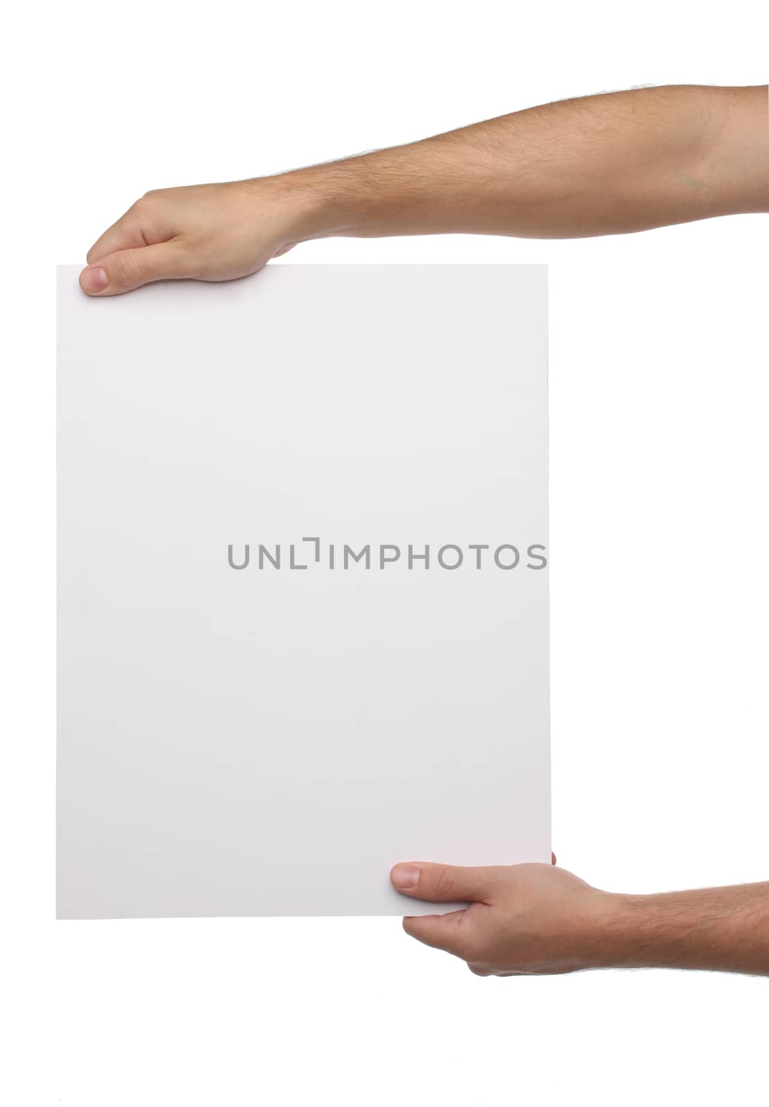 Male hands holding blank paper isolated on white background