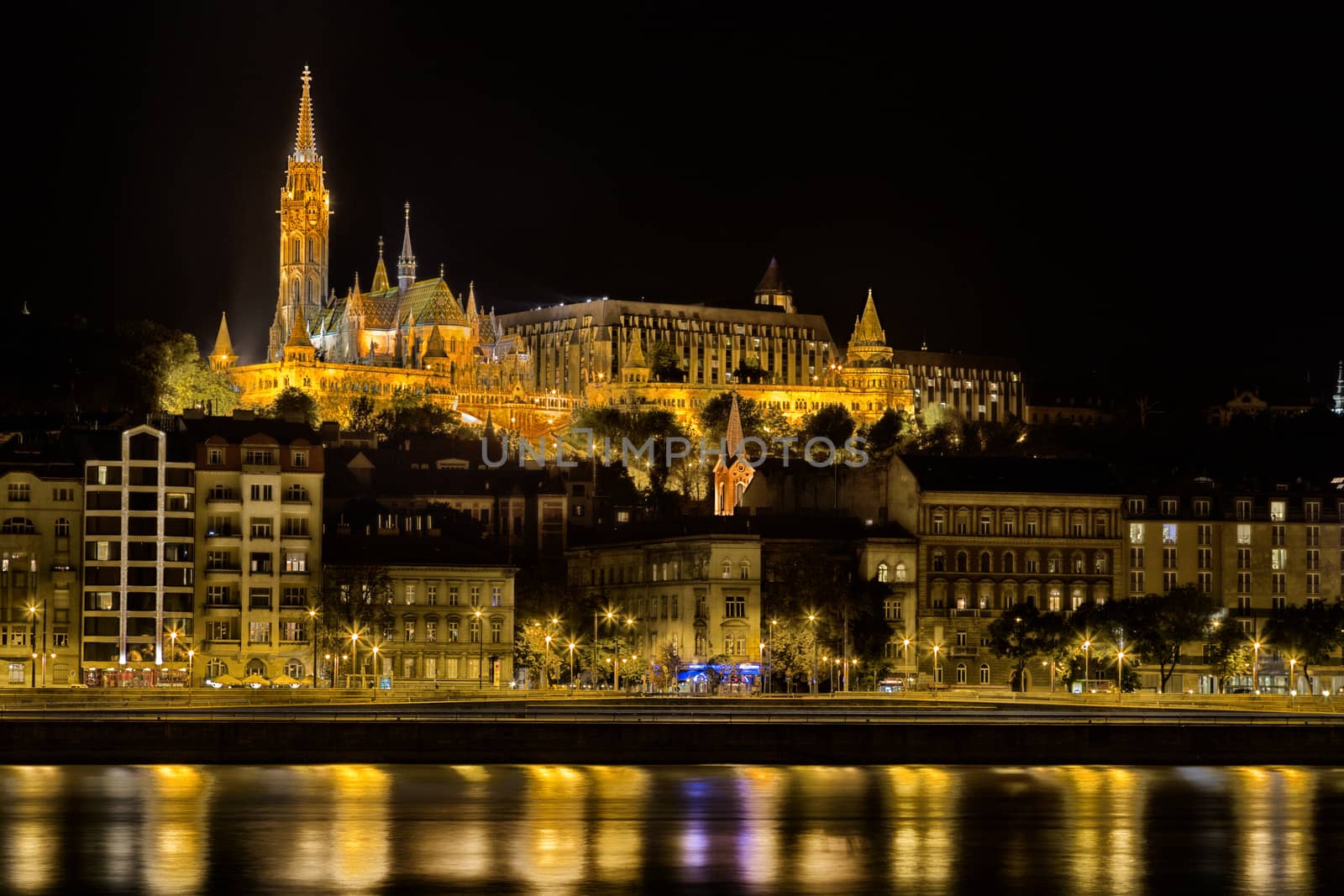 A  night view of the palaces on the Danube river in Budapest in Hungary: