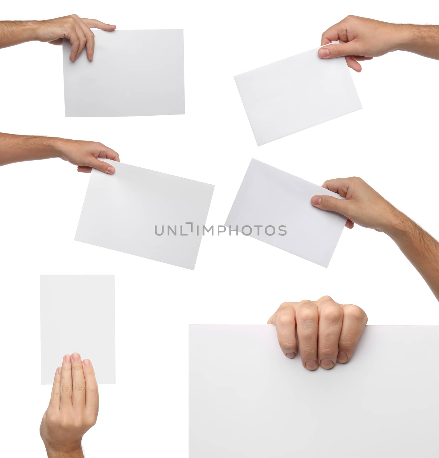 Collection of hand holding blank paper isolated on white  by Erdosain