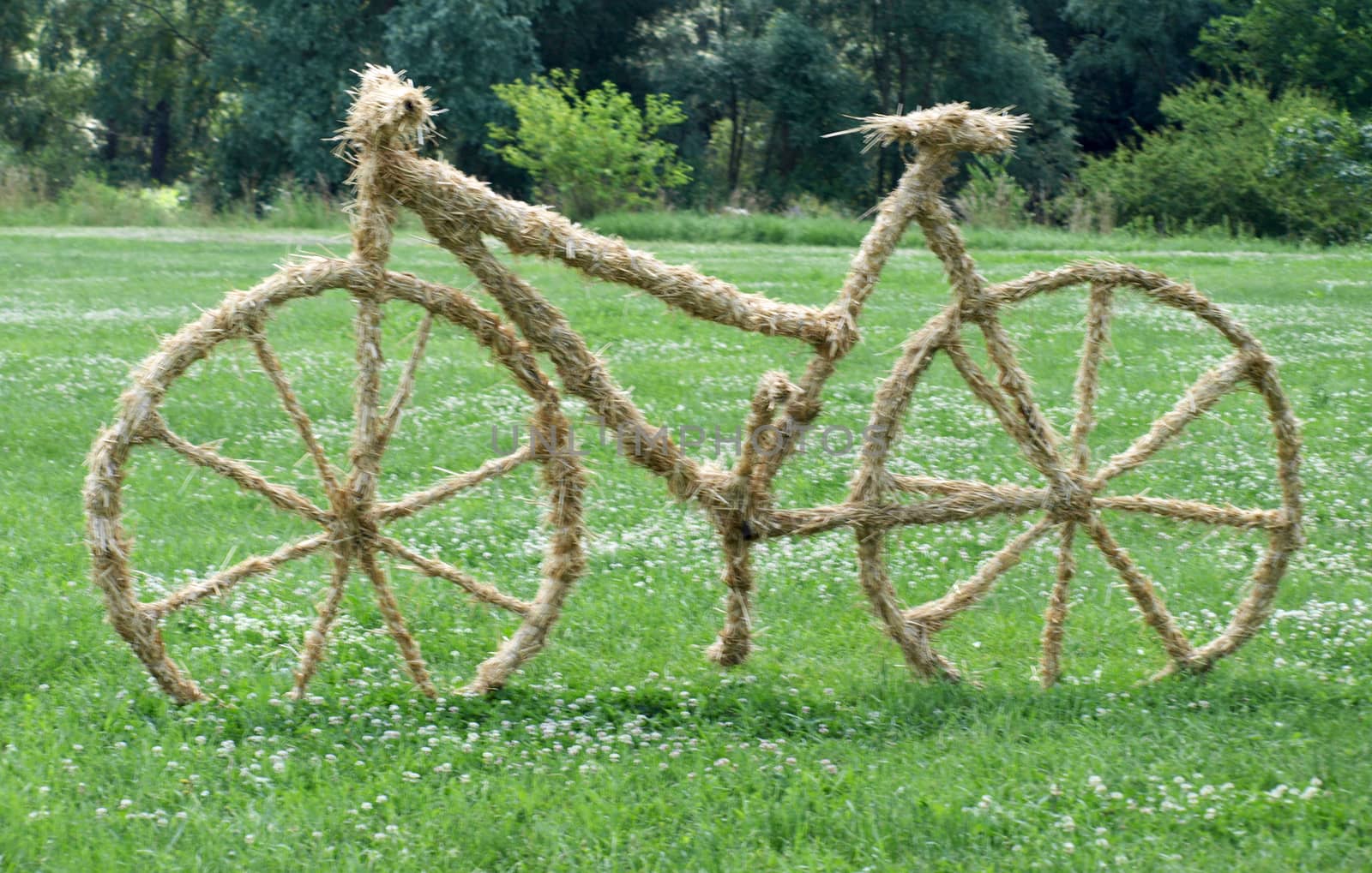 bike sculpture of straw on the lawn     