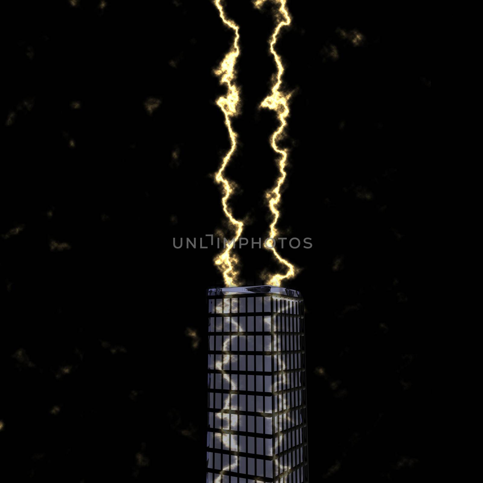 Double lightning bolt over a palace, 3d render