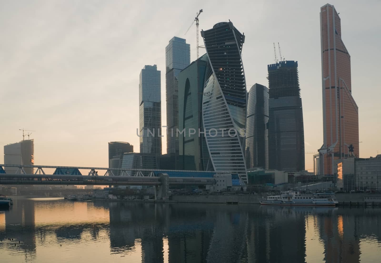 View of Moscow business center at sunset in spring