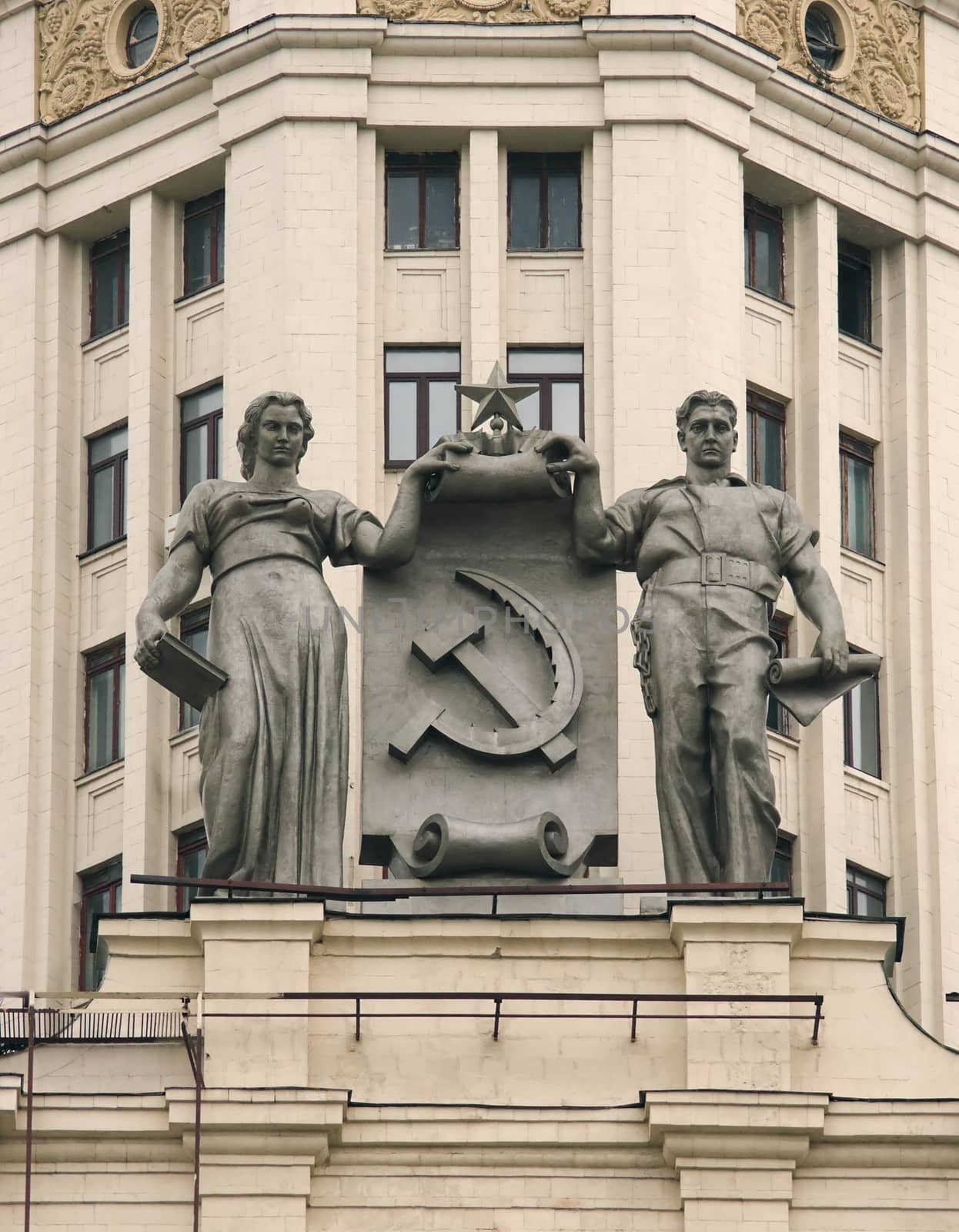 Sculptures on the facade of the Soviet period, the high-rise building in Moscow