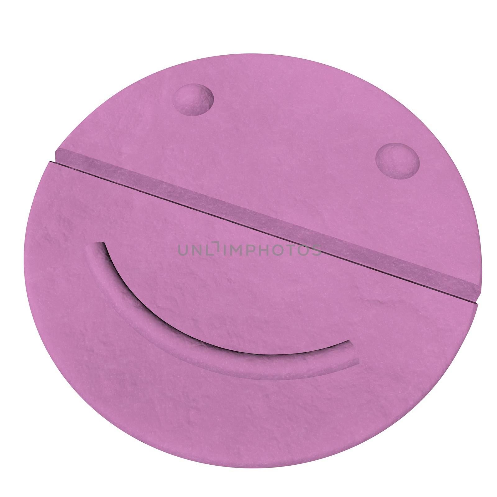 Smiling pink pill, isolated over white, 3d render