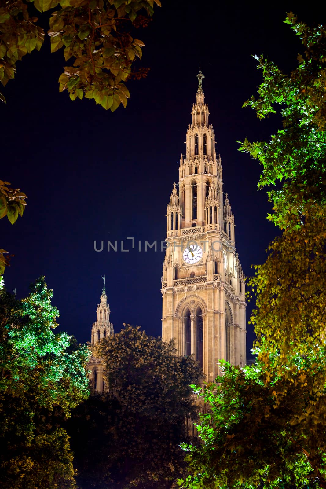 VIENNA, AUSTRIA - AUGUST 4, 2013: Gothic building tower of Vienna city hall, Rathause, at night, Austria