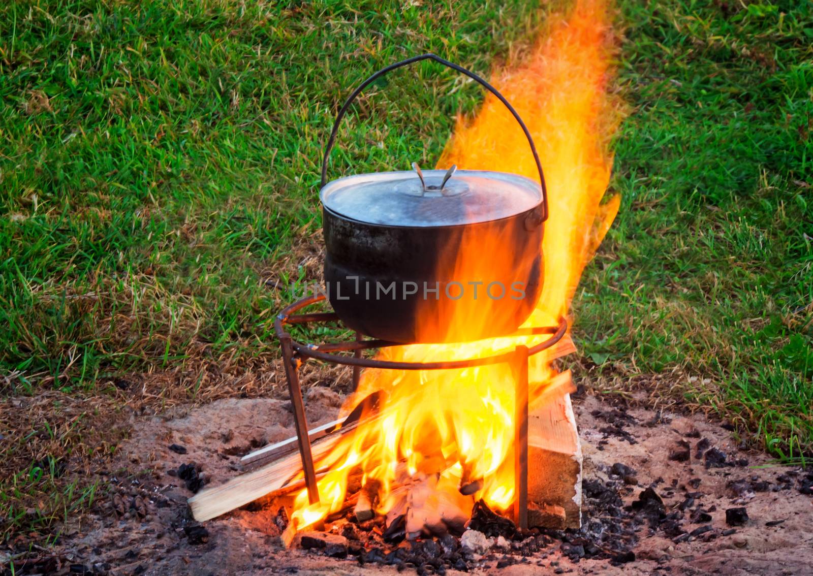 On a green meadow on a burning fire in a pan the food is cooked
