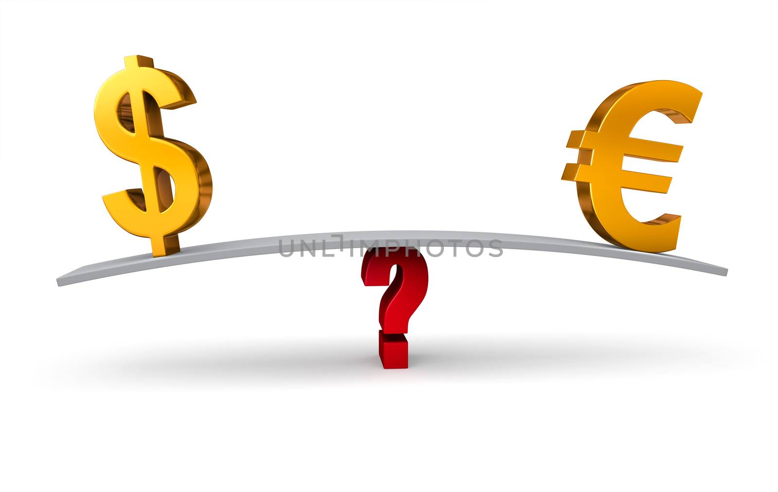 Bright, gold US Dollar and Euro signs sit on opposite ends of a gray board which is balanced on a red question mark. Isolated on white.