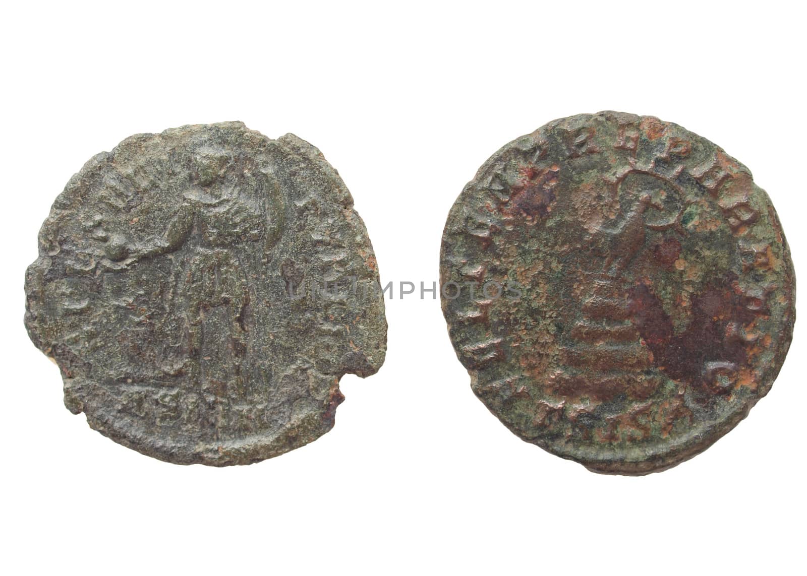 Roman coins dating back to the IV century, Constantius I, emperor from 305 to 306 and Constantinus, emperor from 306 to 337 - rear side