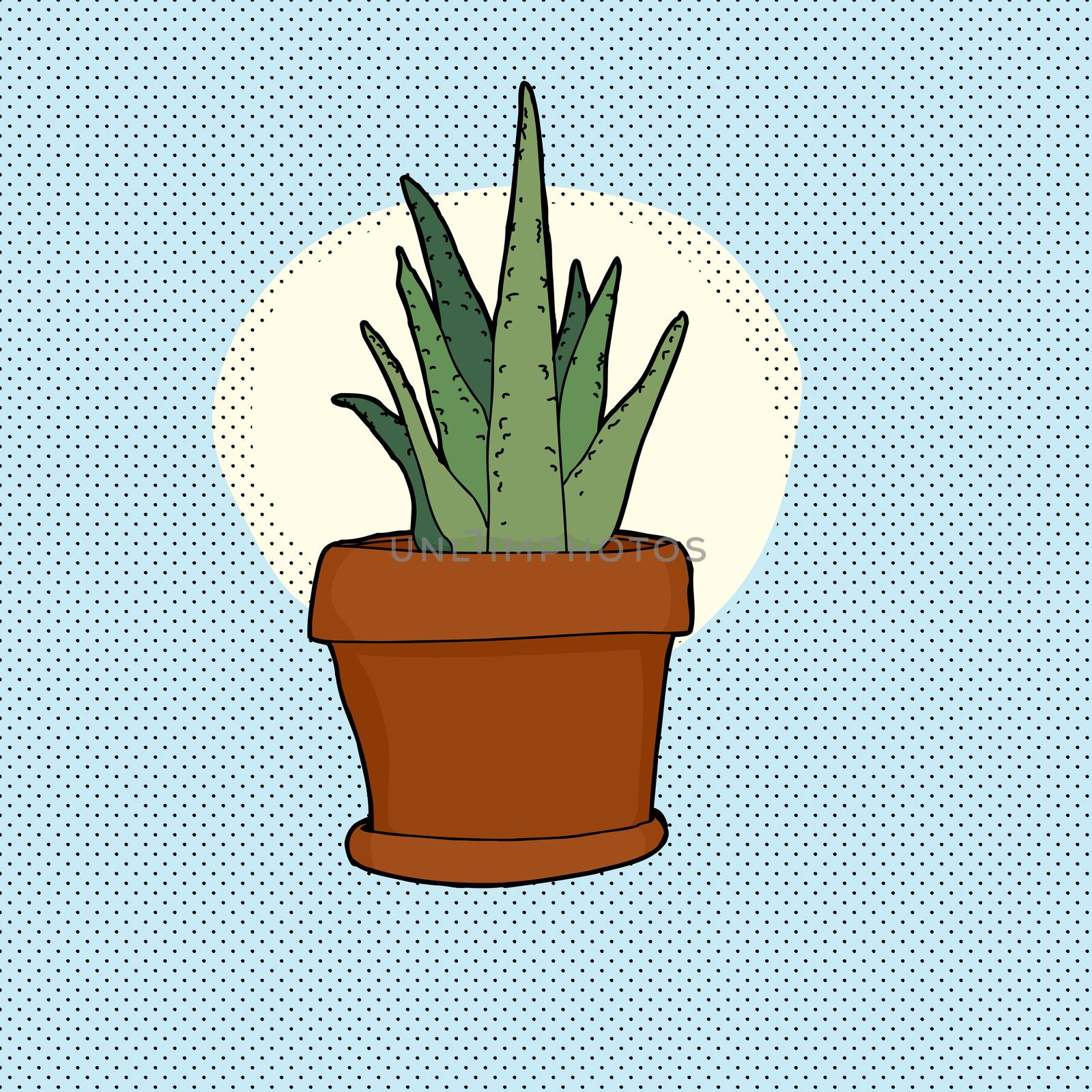 Hand drawn aloe plant in pot over blue background
